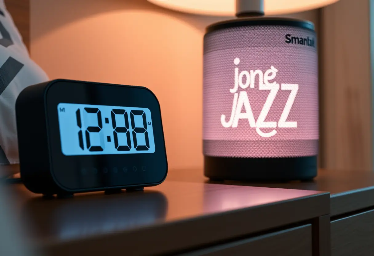 Horloge numérique éclairée par un haut-parleur intelligent jouant du jazz
