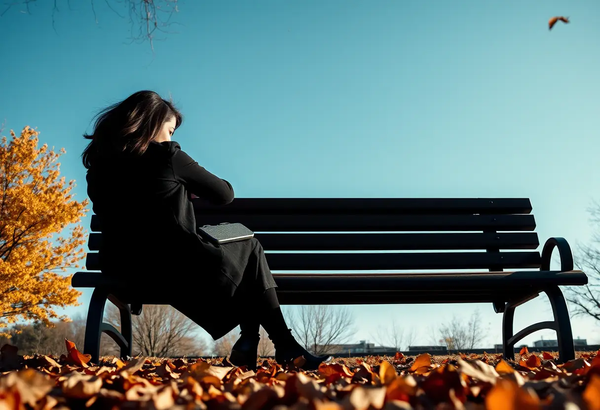 Femme assise sur un banc avec un haut-parleur portable au parc