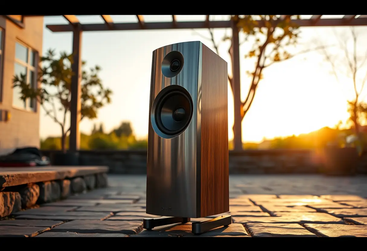 Une enceinte en acier inoxydable avec des accents en bois, sur un patio en pierre, reflétant la lumière du soleil couchant.