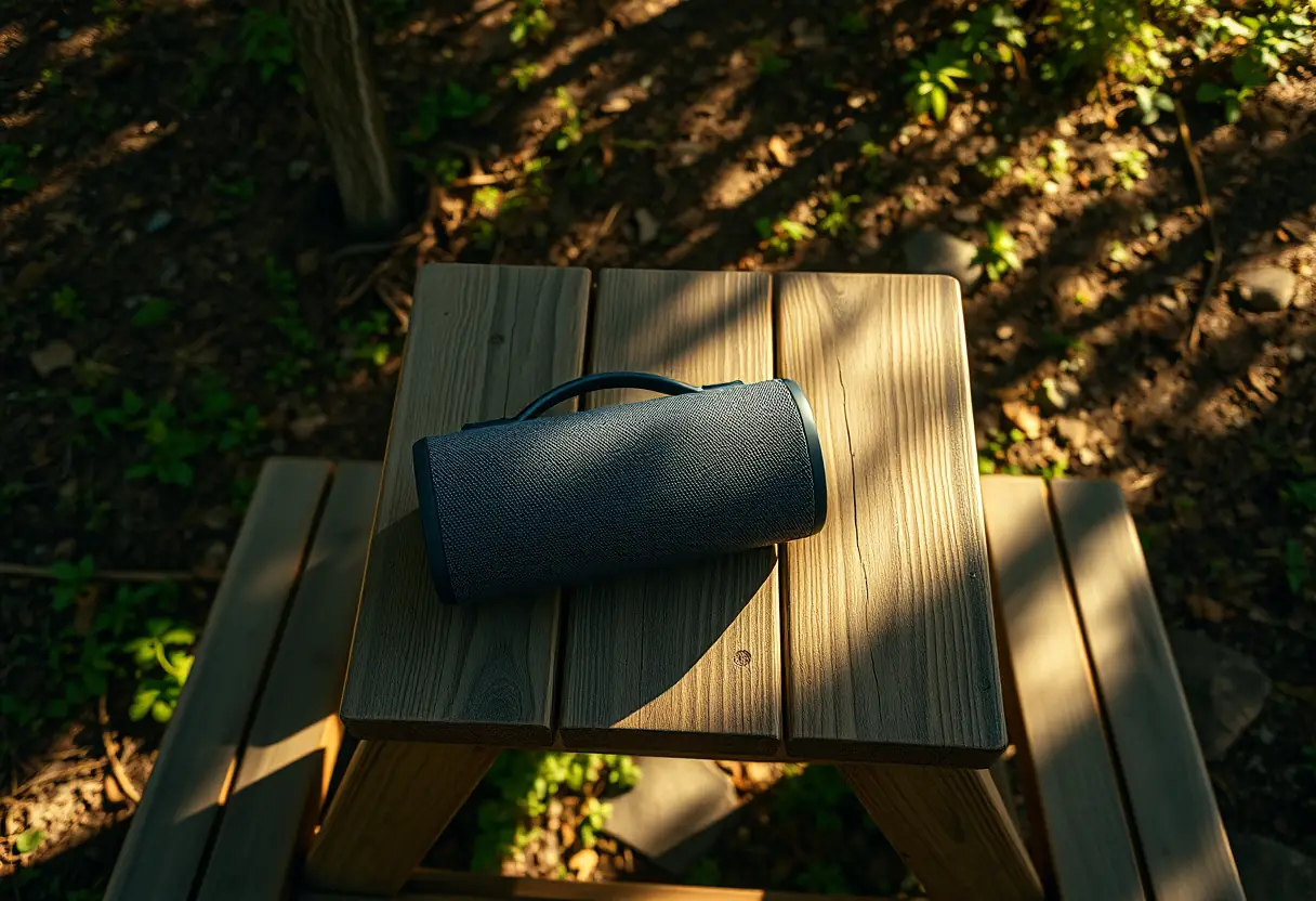 Enceinte sur la table de pique-nique en plein air
