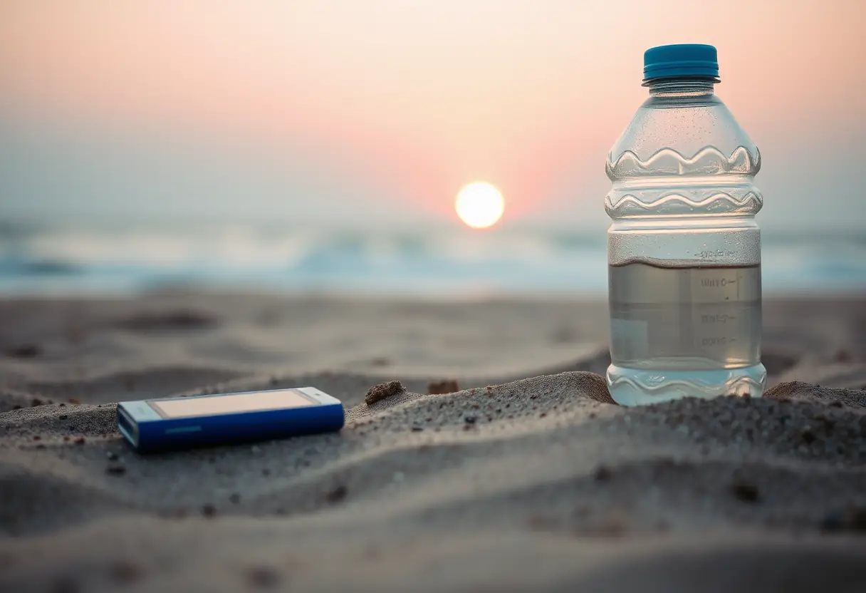 Un petit appareil bleu repose sur une plage en fin de journée près d'une bouteille d'eau