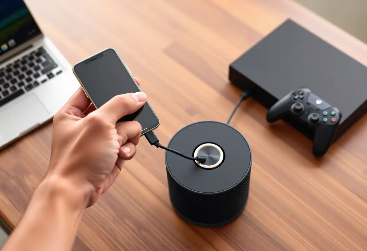Main tenant un smartphone connecté à une enceinte Bose via un câble jack 3,5 mm