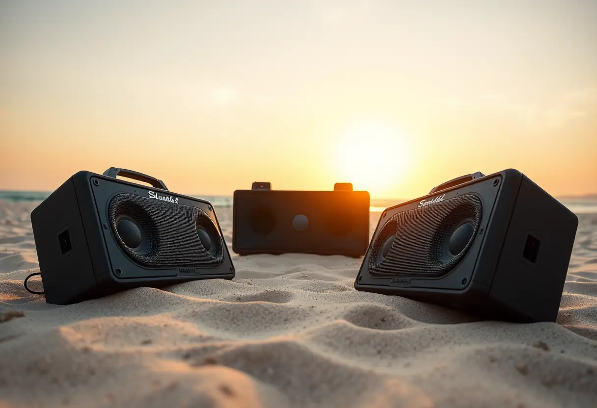 Enceintes portables sur un sable doré au coucher du soleil