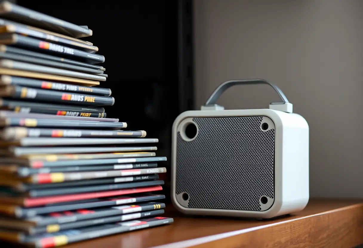 Enceinte compacte à côté de vinyles sur une étagère