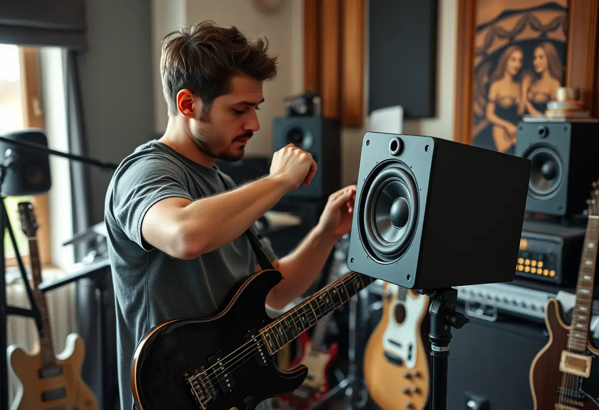 Musicien ajustant une enceinte de 10 pouces dans un studio d'enregistrement