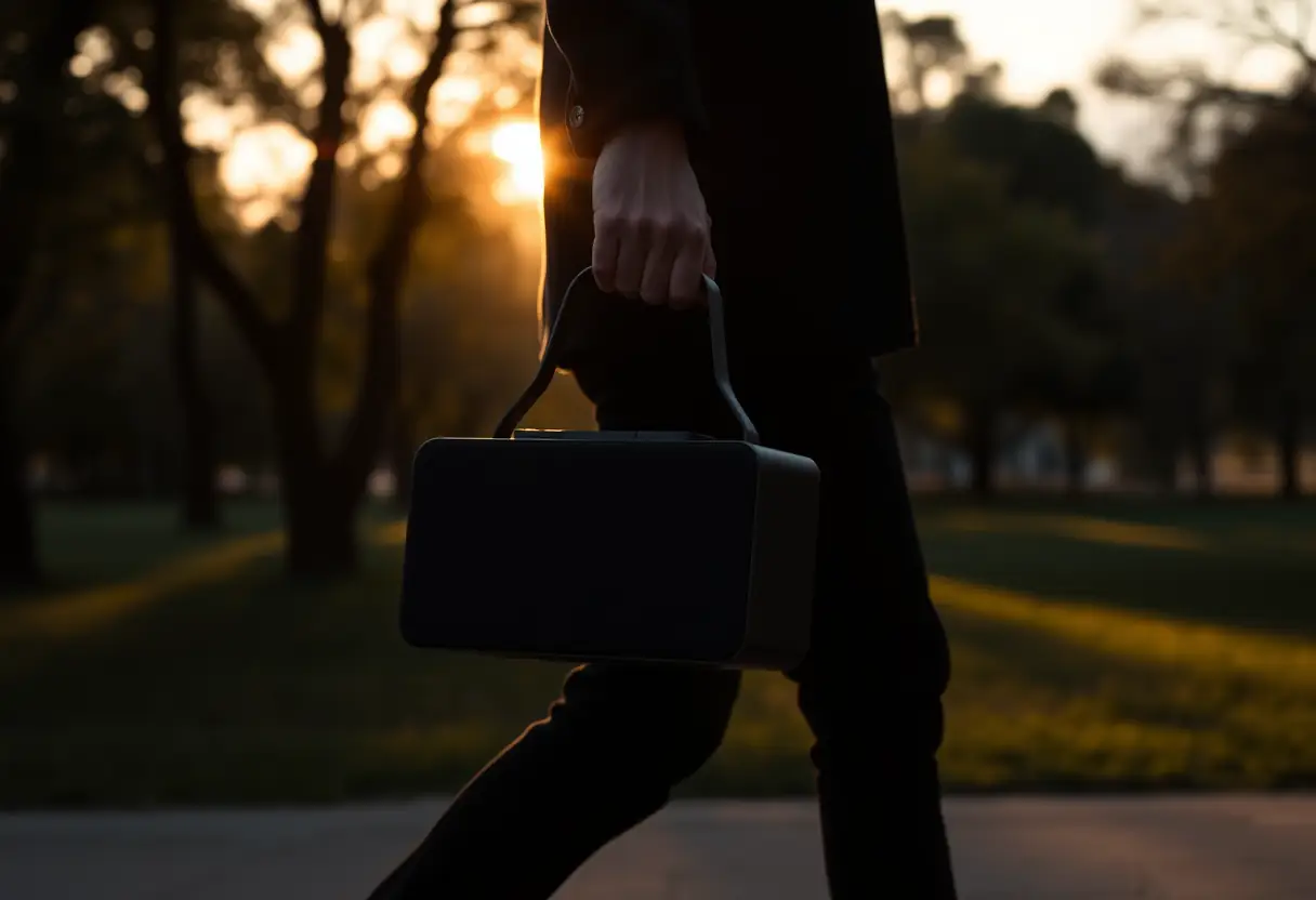 Une personne transportant une enceinte Sony dans un parc au coucher du soleil