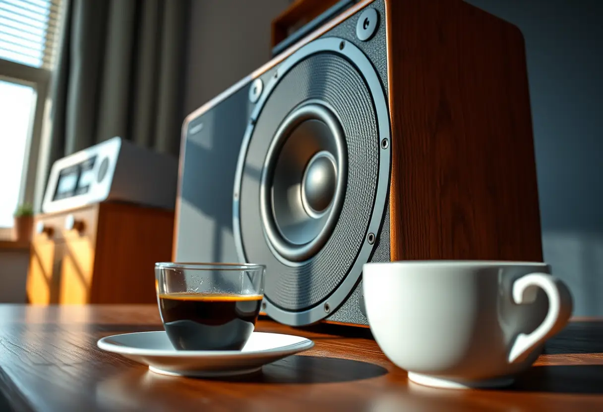 Haut-parleur puissant sur une table avec une tasse de café