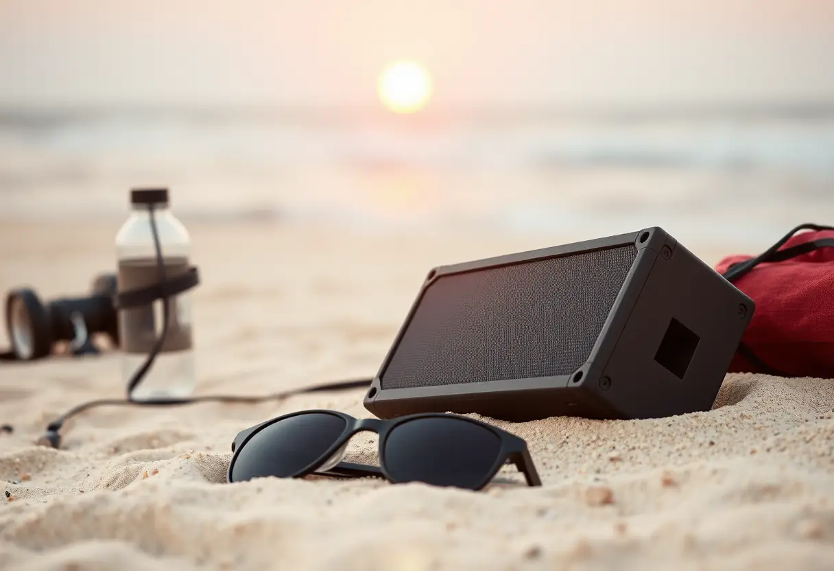 Enceinte sur la plage au coucher du soleil