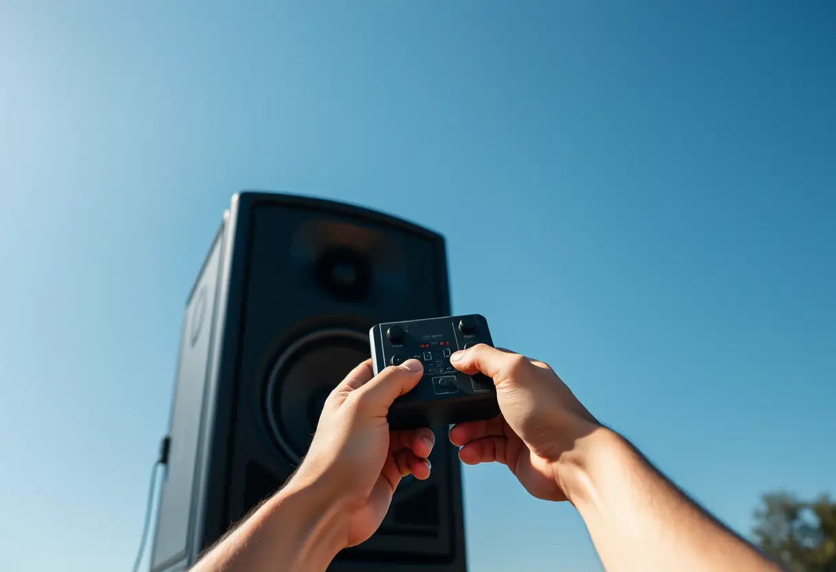 Mains tenant un télécommande près d'une grosse enceinte dehors