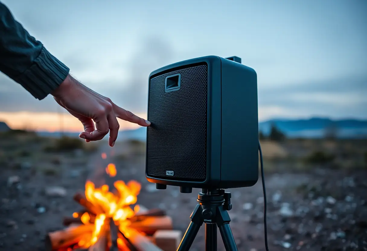 Main augmentant le volume d'une enceinte de camping près d'un feu de camp