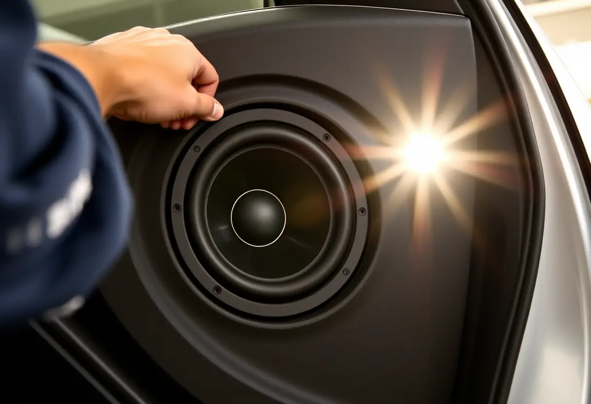Mécanicien ajuste enceinte dans porte de voiture compacte