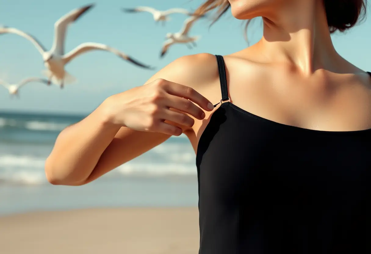 Main ajustant les bretelles d'un maillot de bain sur une plage, sujets de l'article sur les maillots de bain pour femmes enceintes