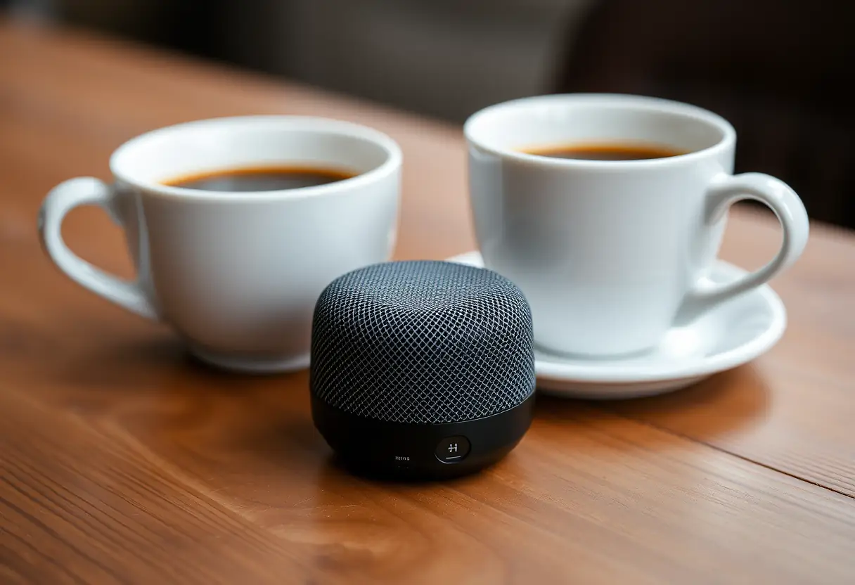 Vue rapprochée de la mini enceinte posée à côté d'une tasse de café sur une table en bois