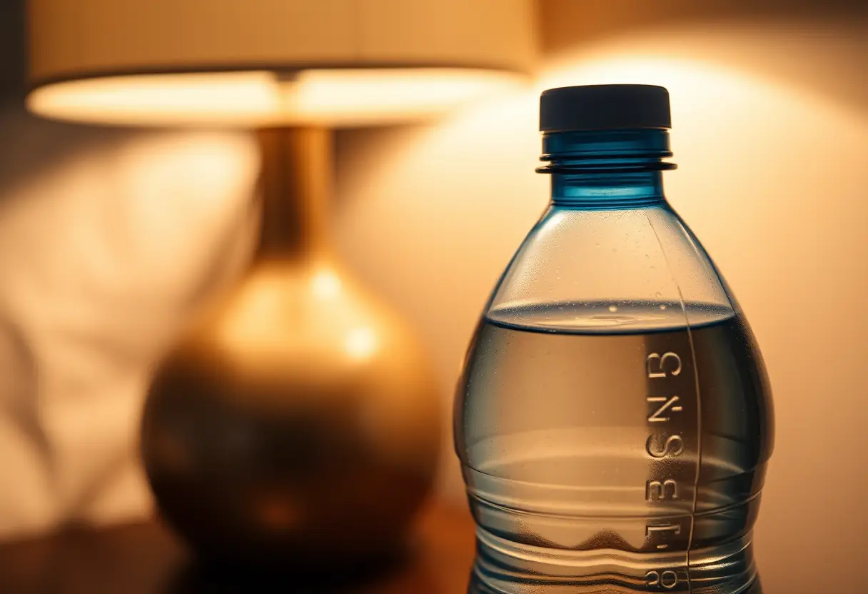 Une bouteille d'eau posée sur une table de nuit avec une lampe allumée