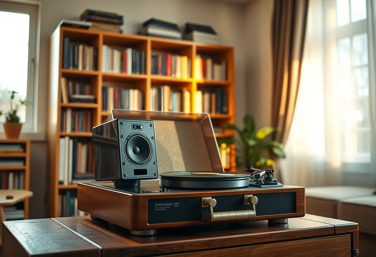 Enceinte sur un tourne-disque vintage dans un salon, texte alternatif en français